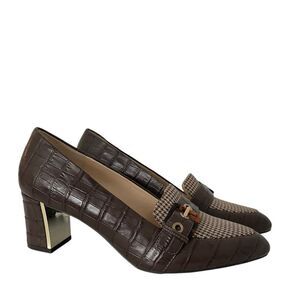 Alex Marie Brown Croc Leather Embossed Houndstooth Buckle Block Heels